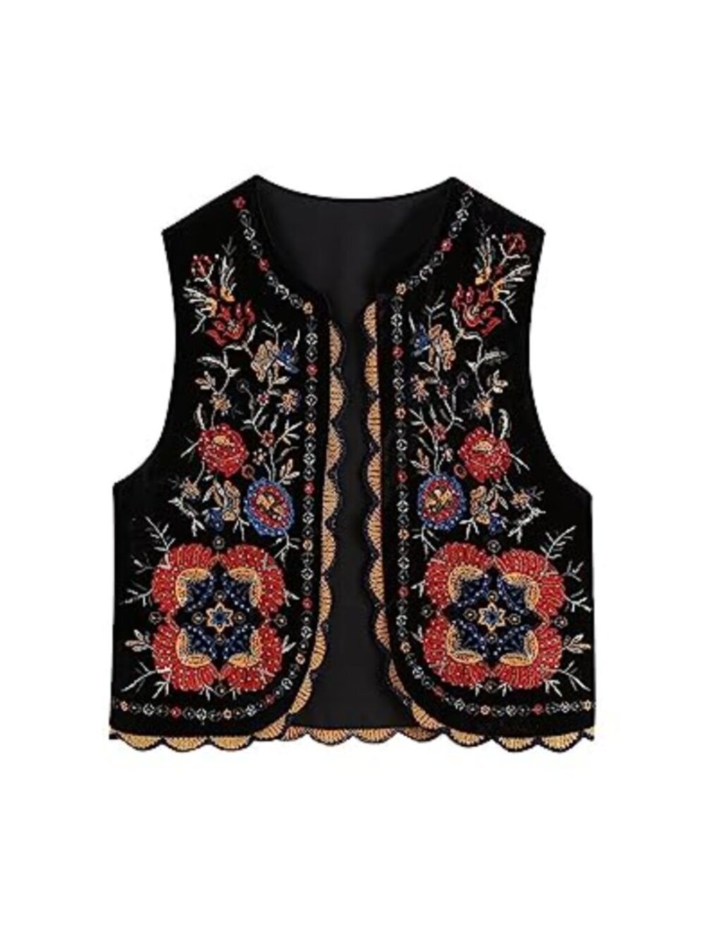 Vintage Floral Embroidered Velvet Gilet Vest Cropped Sleeveless V Neck